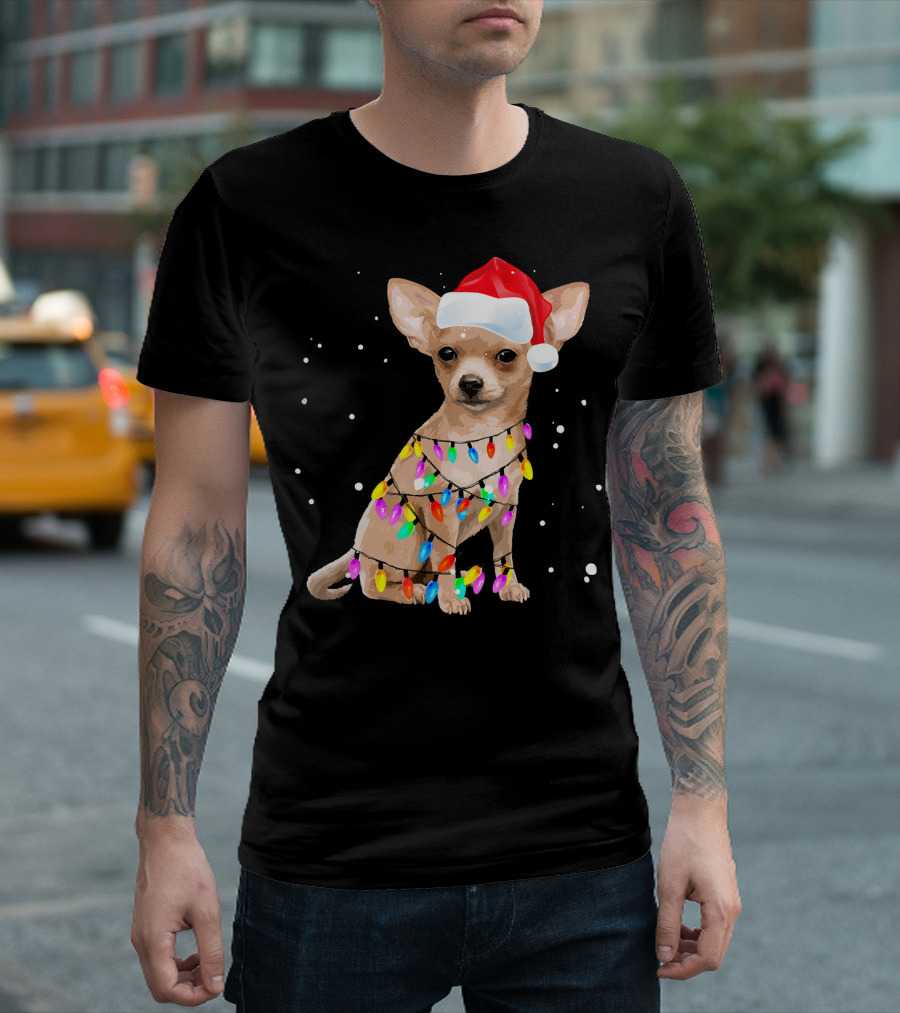 Chihuahua Wrapped In Christmas Lights Wearing Santa Hat T-Shirt