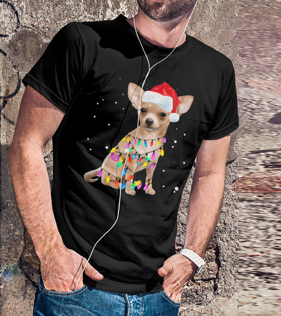 Chihuahua Wrapped In Christmas Lights Wearing Santa Hat T-Shirt