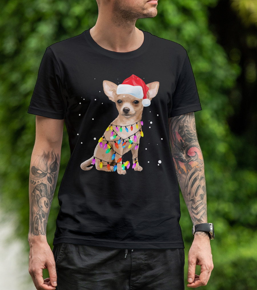 Chihuahua Wrapped In Christmas Lights Wearing Santa Hat T-Shirt