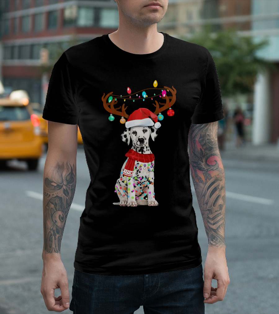 Cute Dalmatian Christmas Lights Reindeer with Santa Hat and Scarf T-Shirt
