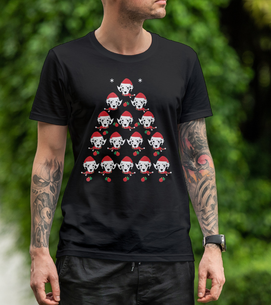 Dalmatian Santa Hat Dog Face Christmas Tree T-Shirt