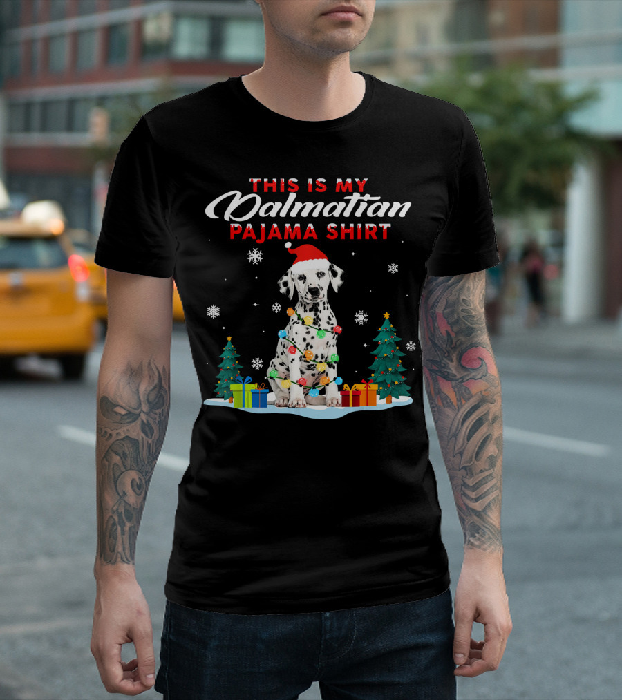 This Is My Dalmatian Pajama Shirt Christmas Lights Snowflakes Santa Hat Gifts Trees T-Shirt