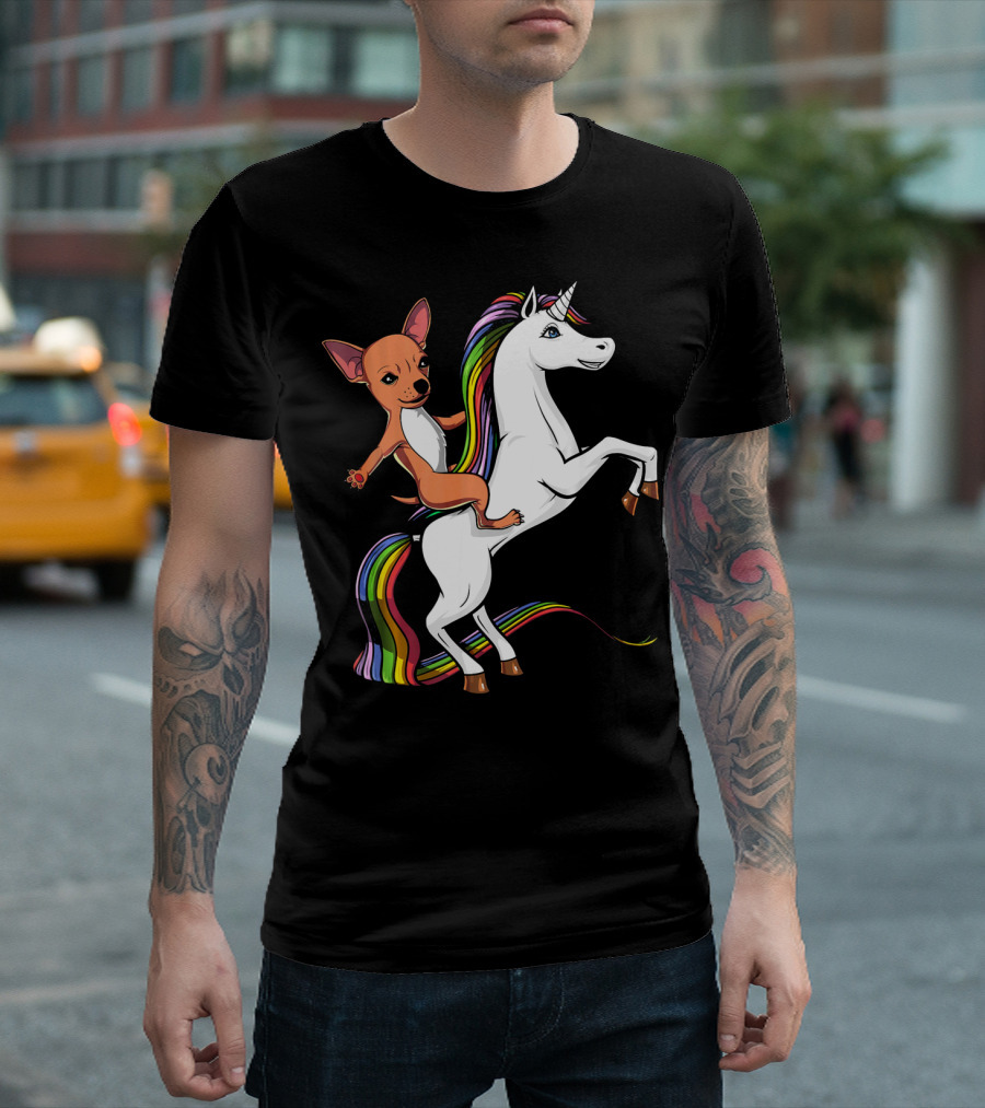 Chihuahua Riding A Rainbow Unicorn With Pride And Joy T-Shirt