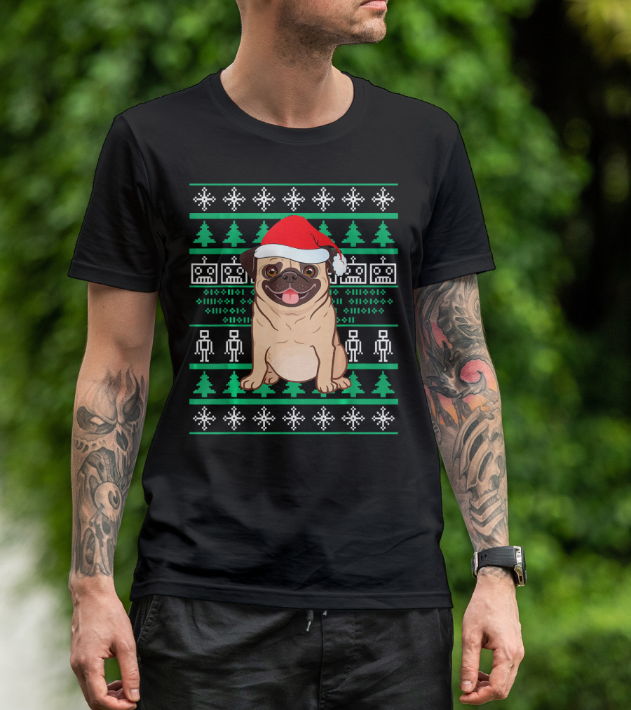 Cute Pug Christmas Costume Funny Xmas Santa Hat T-Shirt