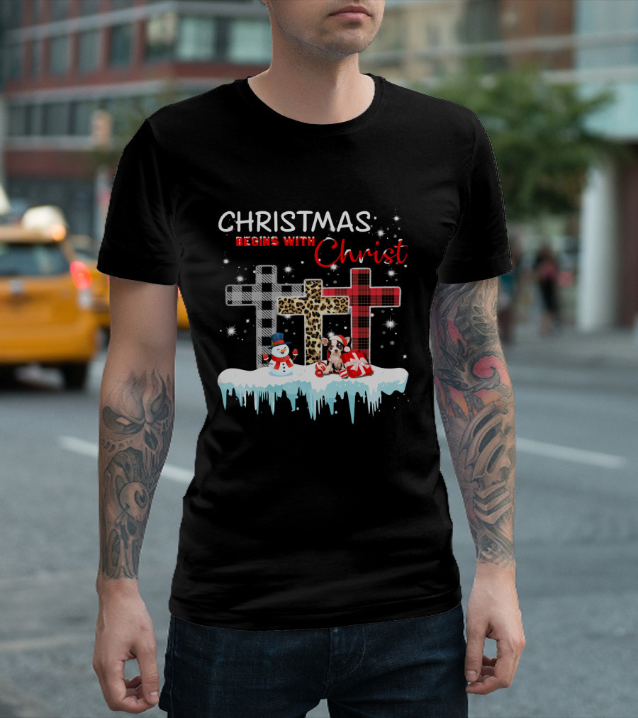 CHRISTMAS BEGINS WITH CHRIST CHIHUAHUA SNOWMAN CROSS PATCHWORK T-Shirt