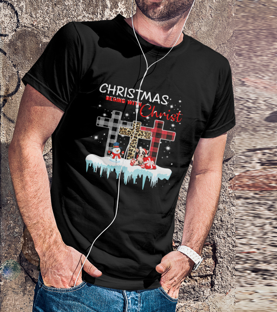 CHRISTMAS BEGINS WITH CHRIST CHIHUAHUA SNOWMAN CROSS PATCHWORK T-Shirt