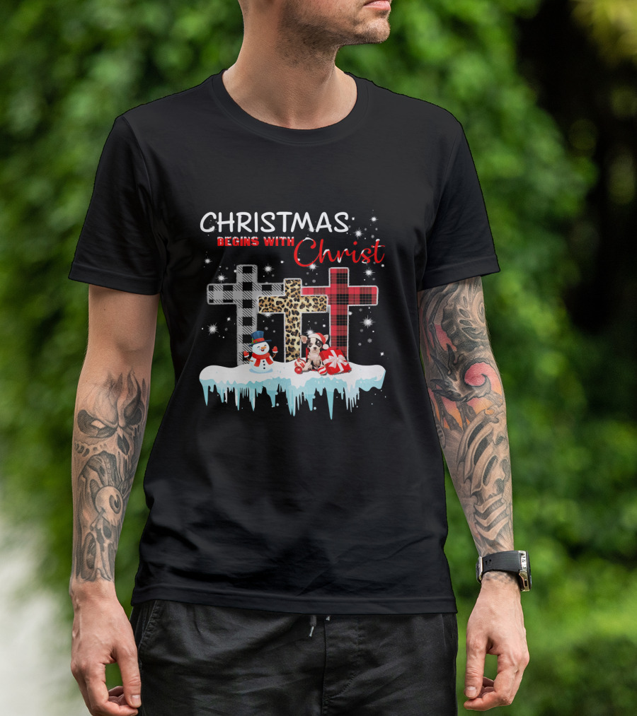 CHRISTMAS BEGINS WITH CHRIST CHIHUAHUA SNOWMAN CROSS PATCHWORK T-Shirt