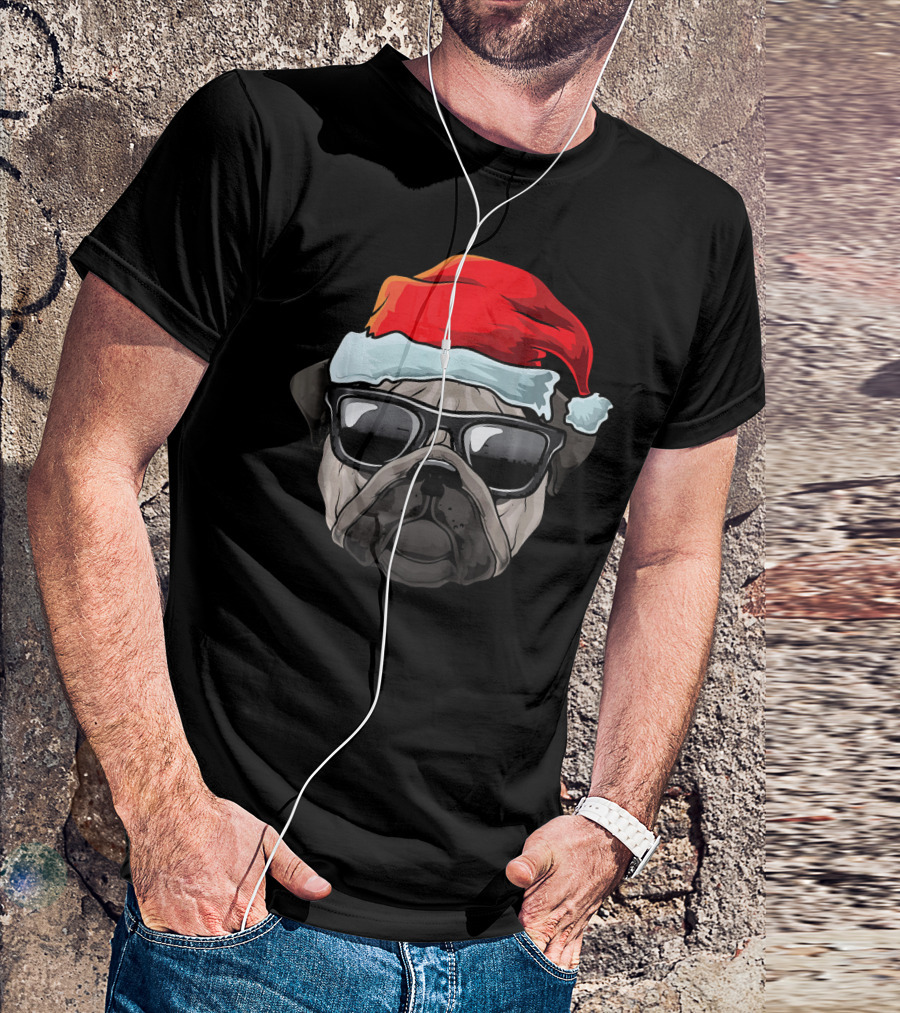Pug Lover Santa Hat Sunglasses Cool Dog Christmas T-Shirt
