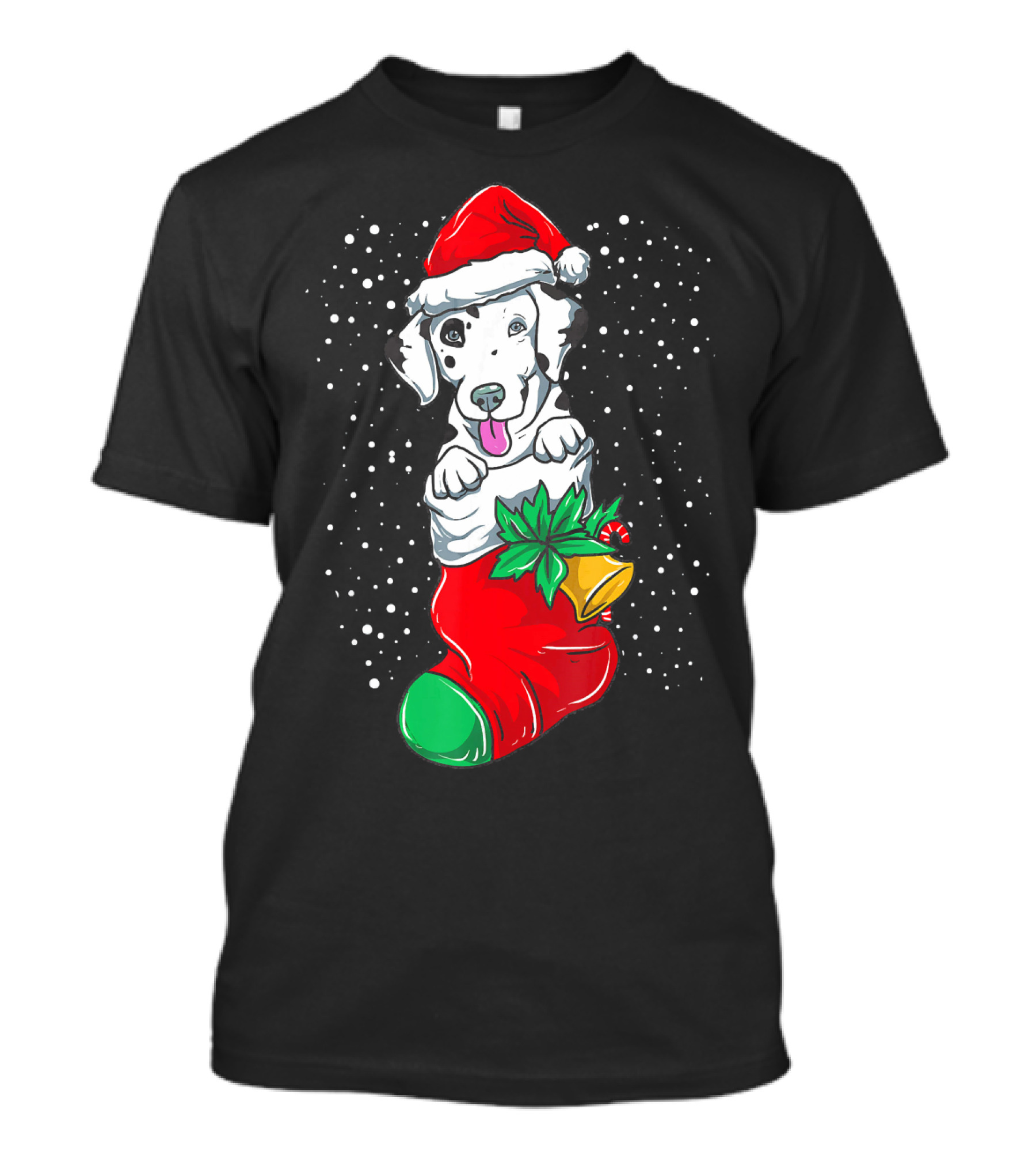 Christmas Dalmatian In Santa Hat And Stocking With Holly And Snowfall T-Shirt