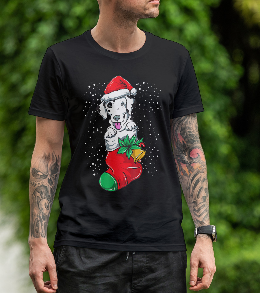 Christmas Dalmatian In Santa Hat And Stocking With Holly And Snowfall T-Shirt
