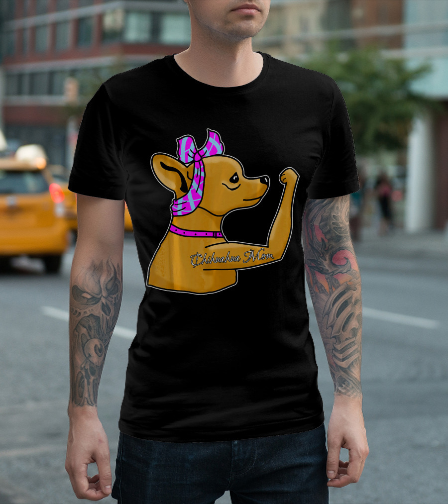 Chihuahua Mom with Pink Bandana and Arm Flex Paw-some Furry Fashion T-Shirt