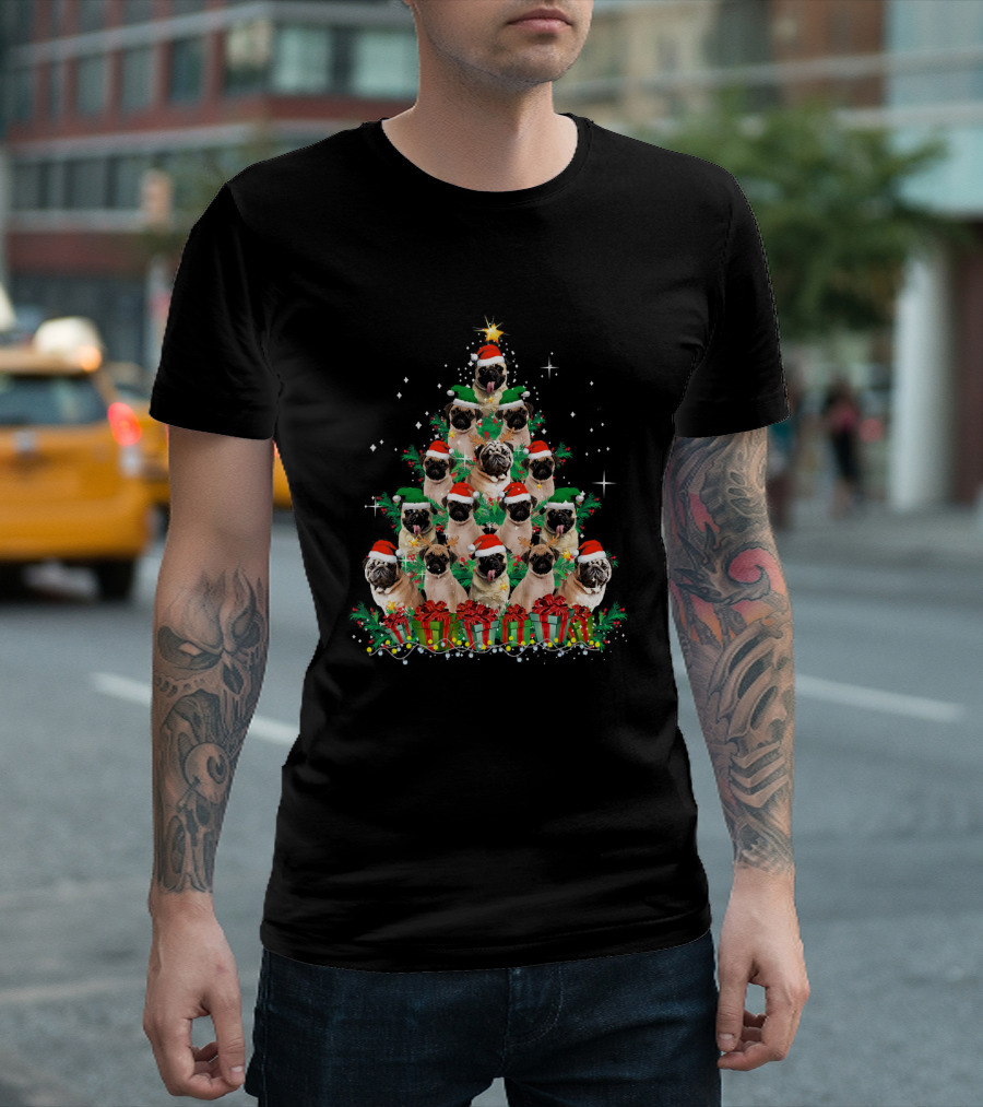 Pug Dog Christmas Tree With Santa Hats And Presents T-Shirt