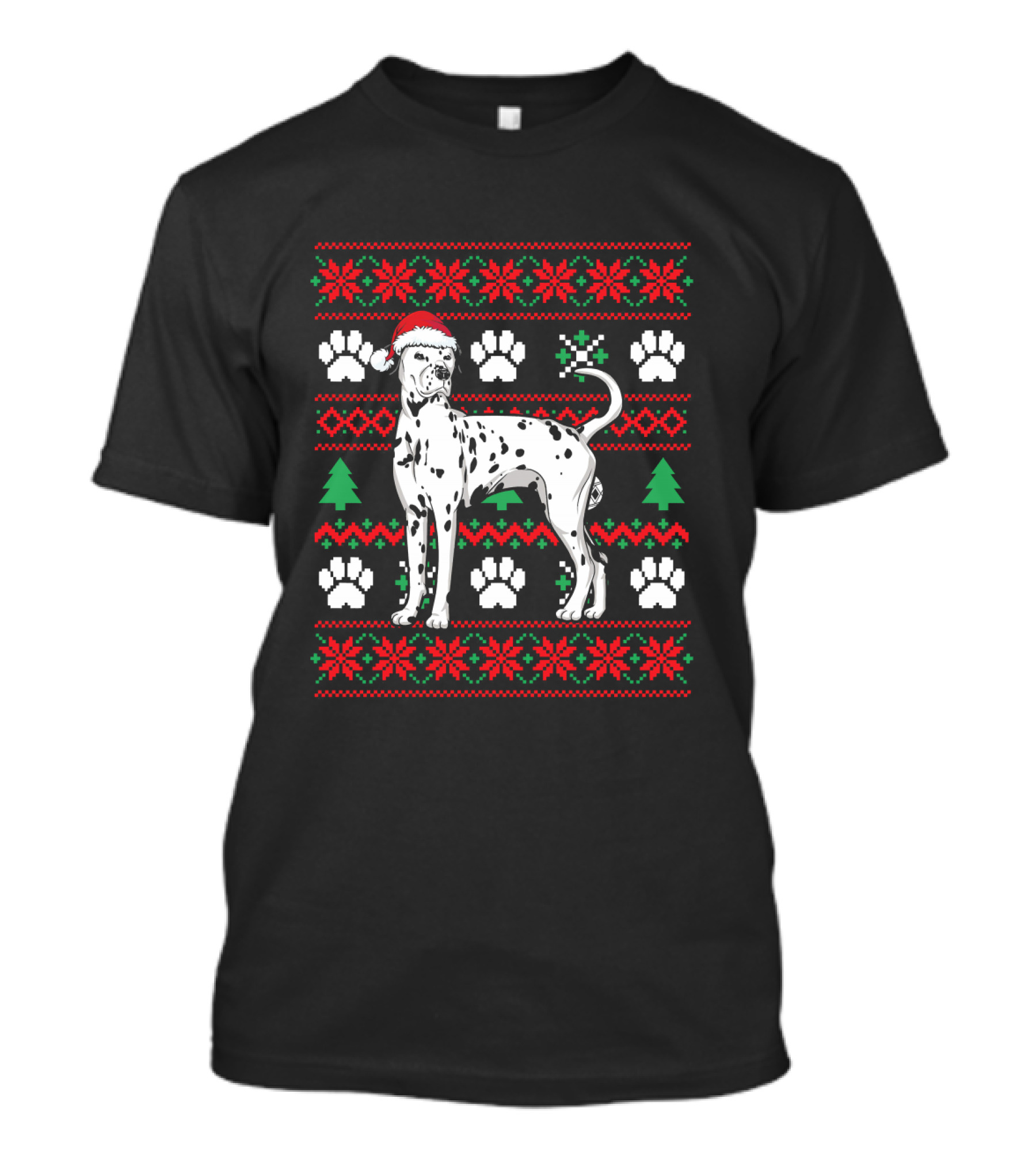 Dalmatian Ugly Christmas Sweater Paw Print Santa Hat Snowflakes Trees T-Shirt