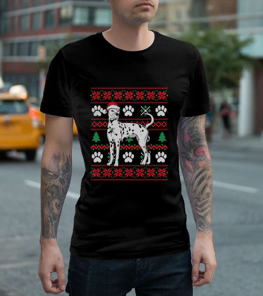 Dalmatian Ugly Christmas Sweater Paw Print Santa Hat Snowflakes Trees T-Shirt
