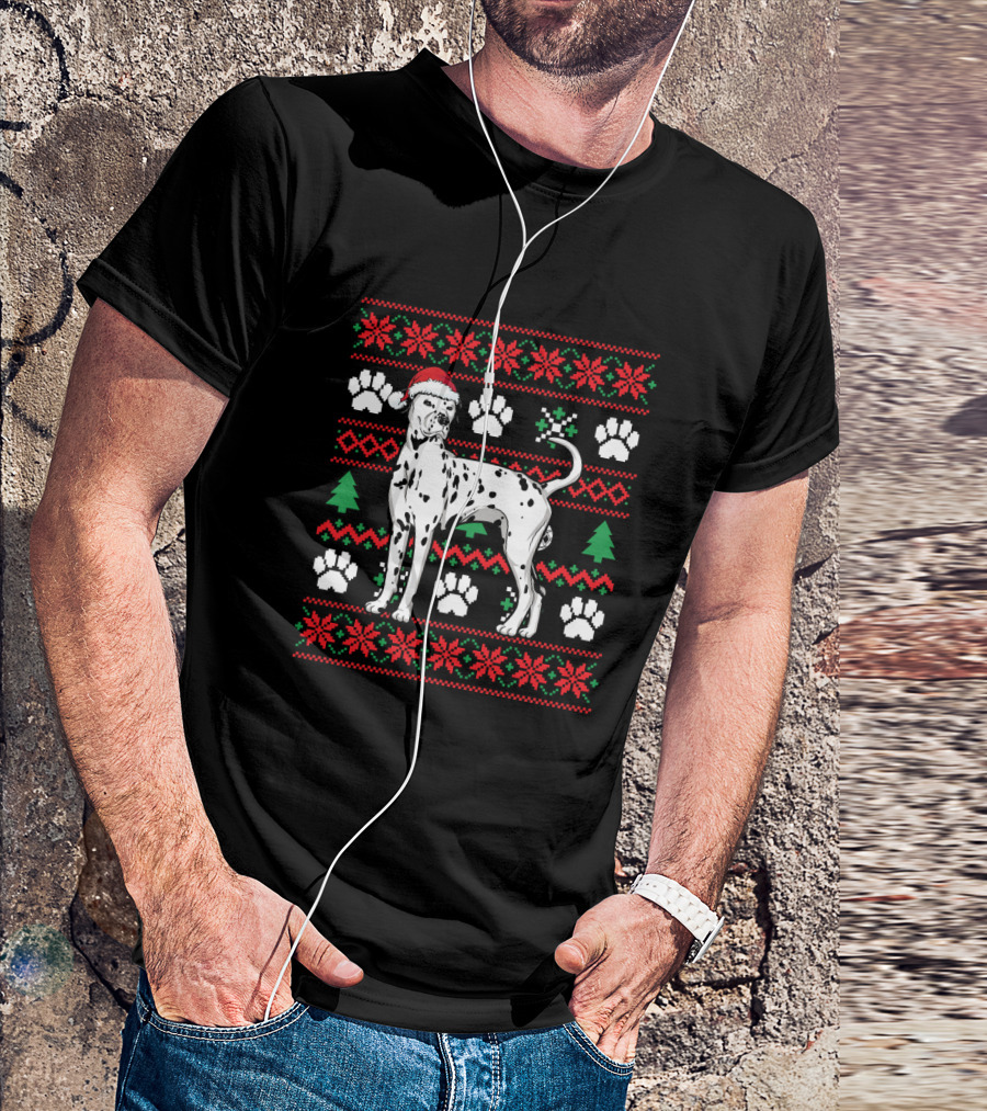 Dalmatian Ugly Christmas Sweater Paw Print Santa Hat Snowflakes Trees T-Shirt