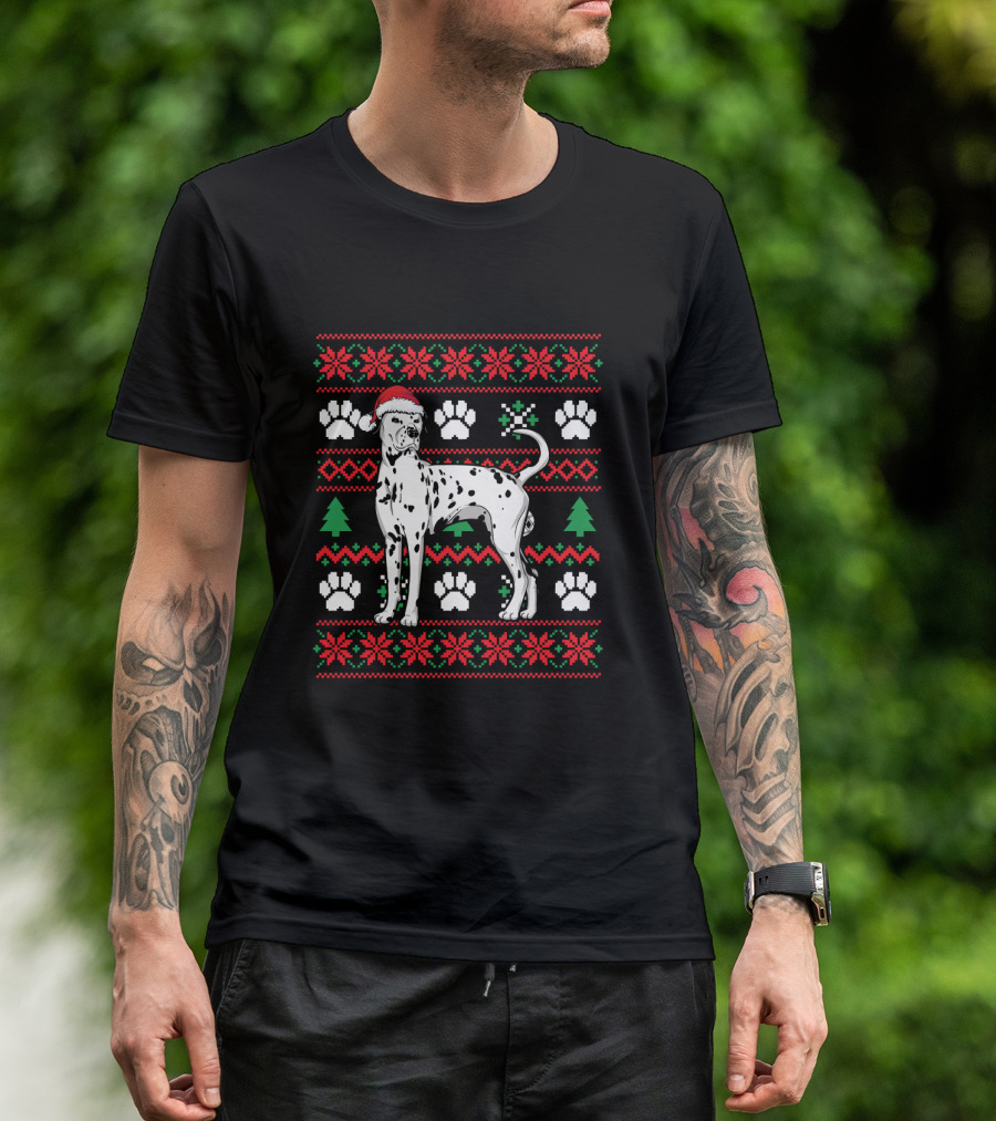 Dalmatian Ugly Christmas Sweater Paw Print Santa Hat Snowflakes Trees T-Shirt
