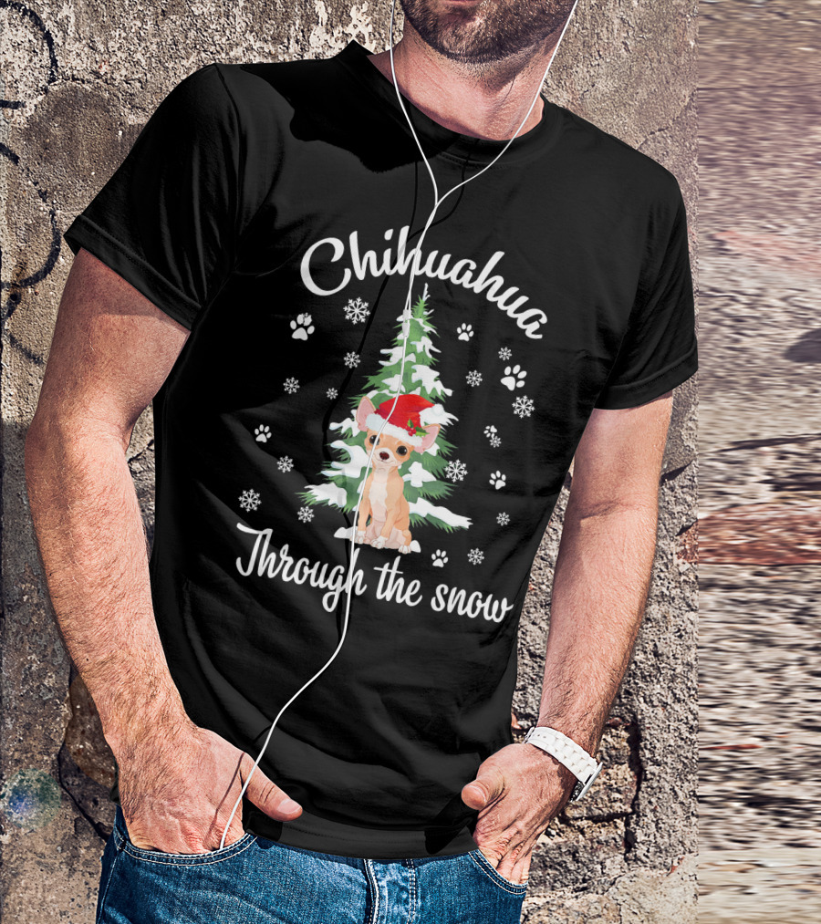 Chihuahua Through The Snow Christmas Tree Snowflakes Paw Prints Santa Hat T-Shirt