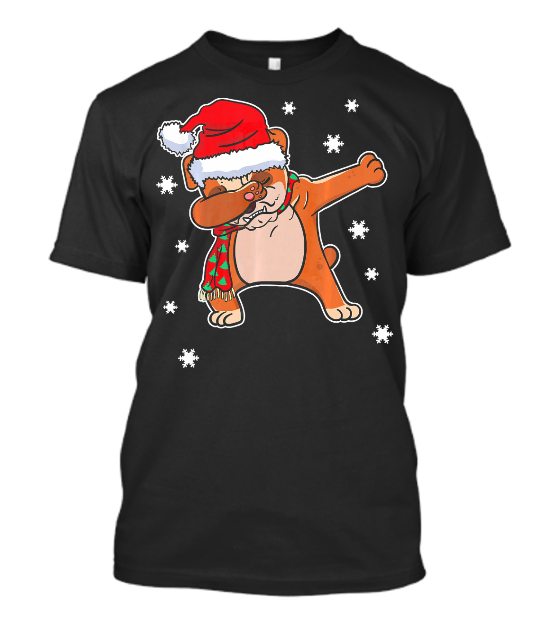 Christmas Santa Hat Dabbing Bulldog With Snowflakes T-Shirt