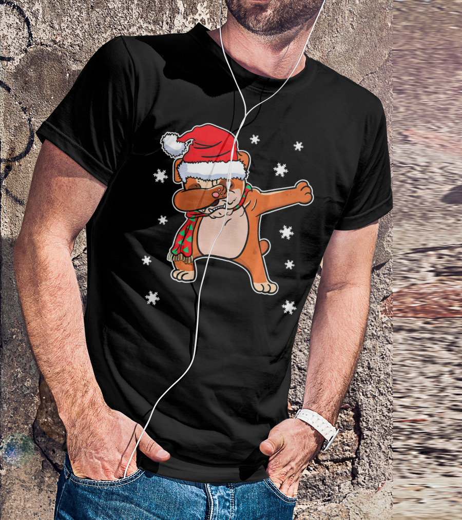 Christmas Santa Hat Dabbing Bulldog With Snowflakes T-Shirt