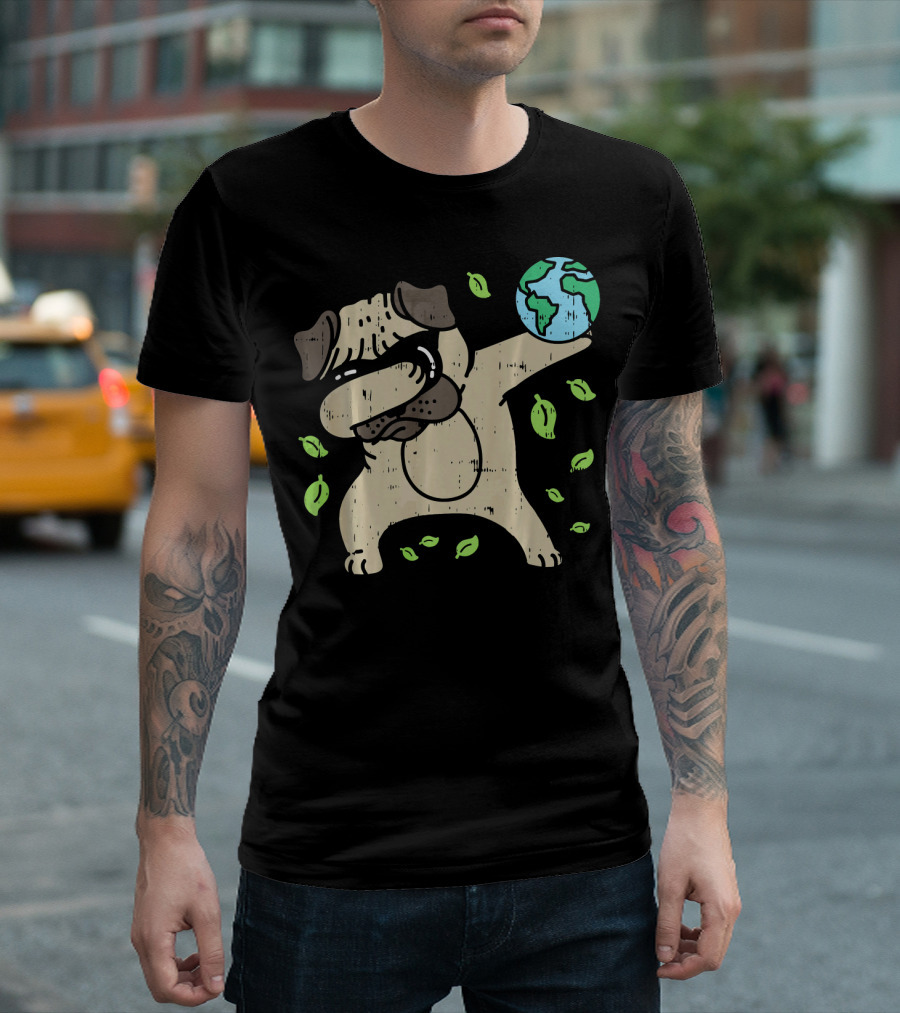Earth Day Pug Dabbing with Globe and Green Leaves Dance T-Shirt