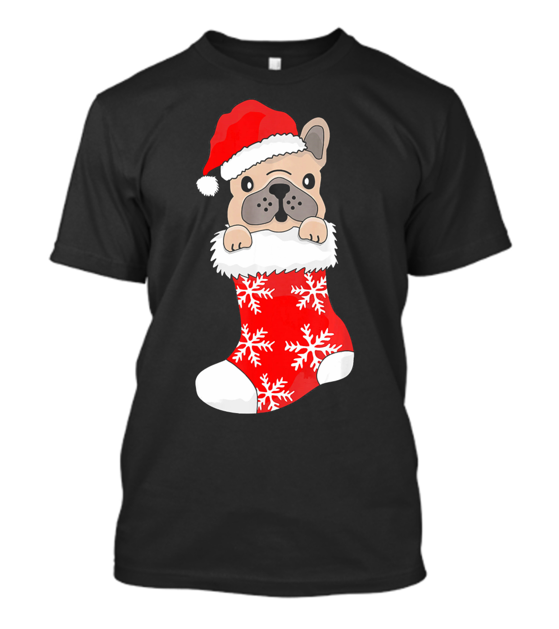 French Bulldog In Santa Hat And Red Stocking With Snowflakes T-Shirt