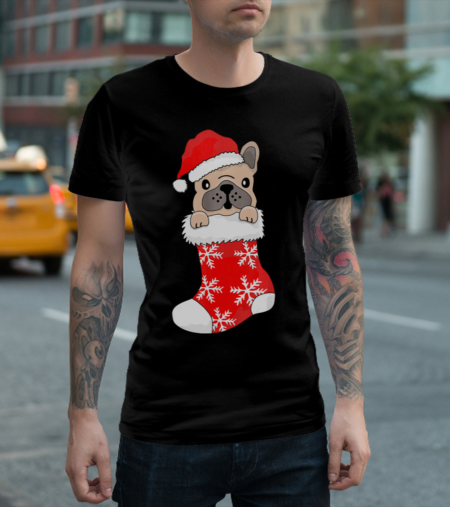 French Bulldog In Santa Hat And Red Stocking With Snowflakes T-Shirt