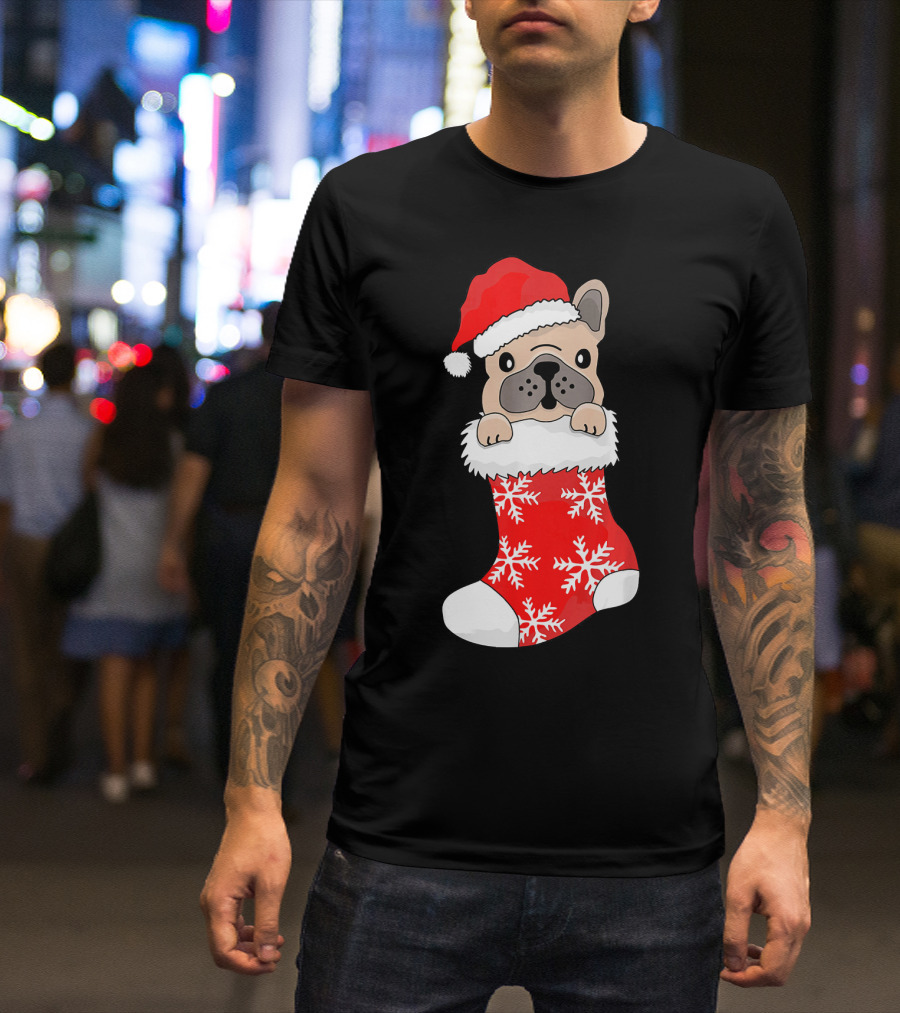 French Bulldog In Santa Hat And Red Stocking With Snowflakes T-Shirt