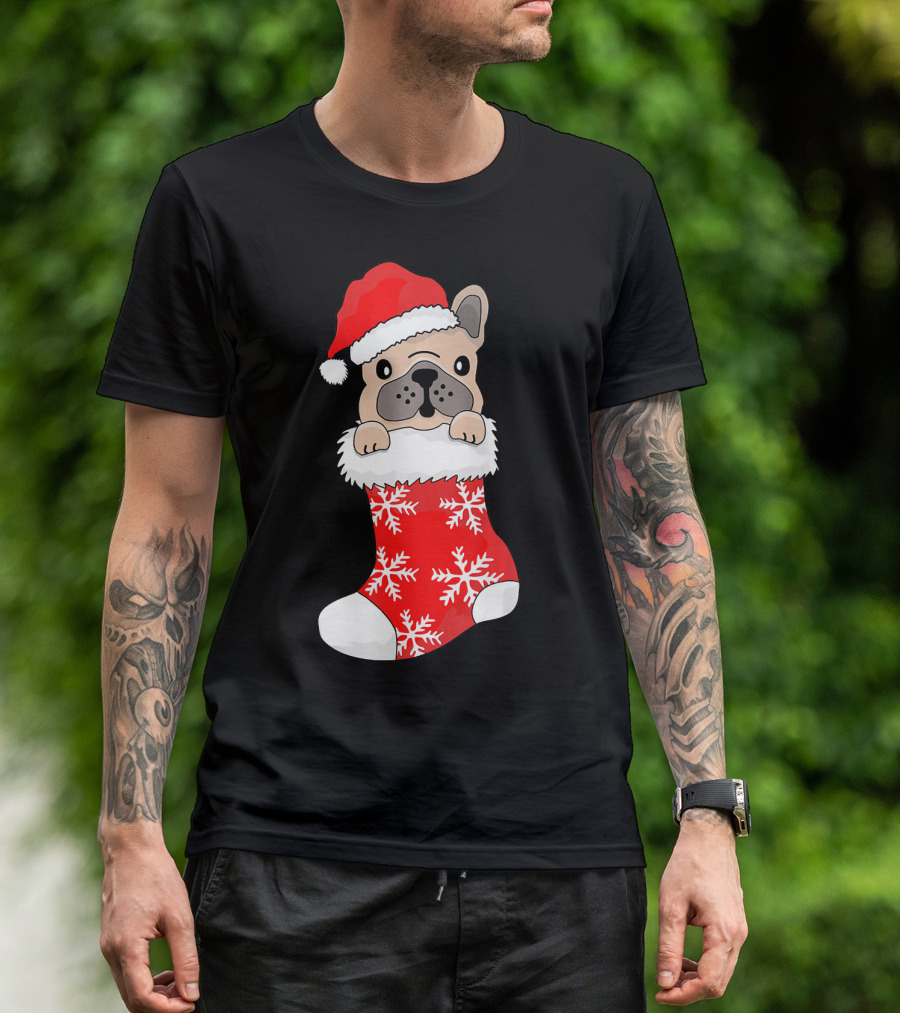 French Bulldog In Santa Hat And Red Stocking With Snowflakes T-Shirt