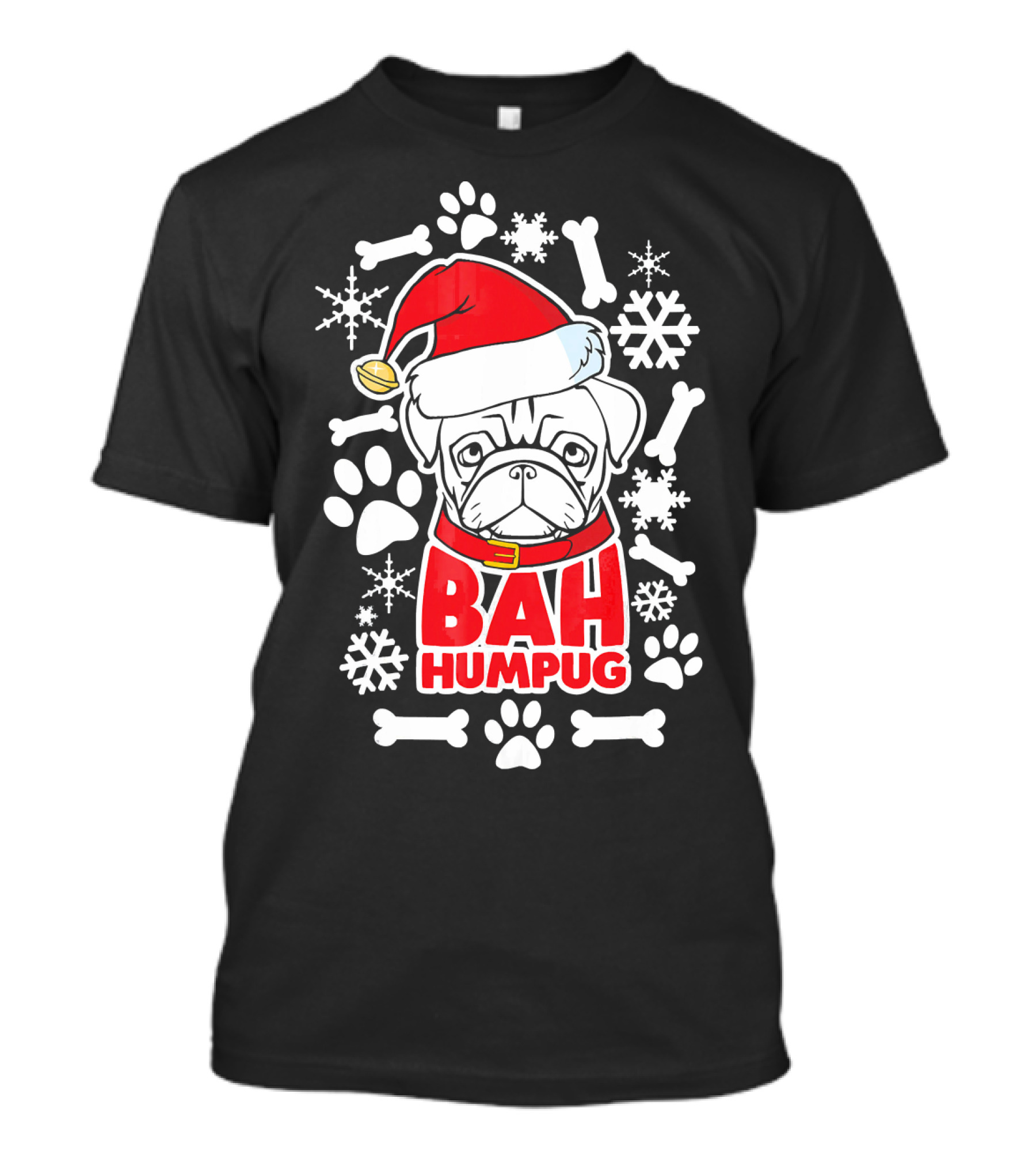 Bah Humpug Santa Hat Pug Snowflakes And Bones T-Shirt