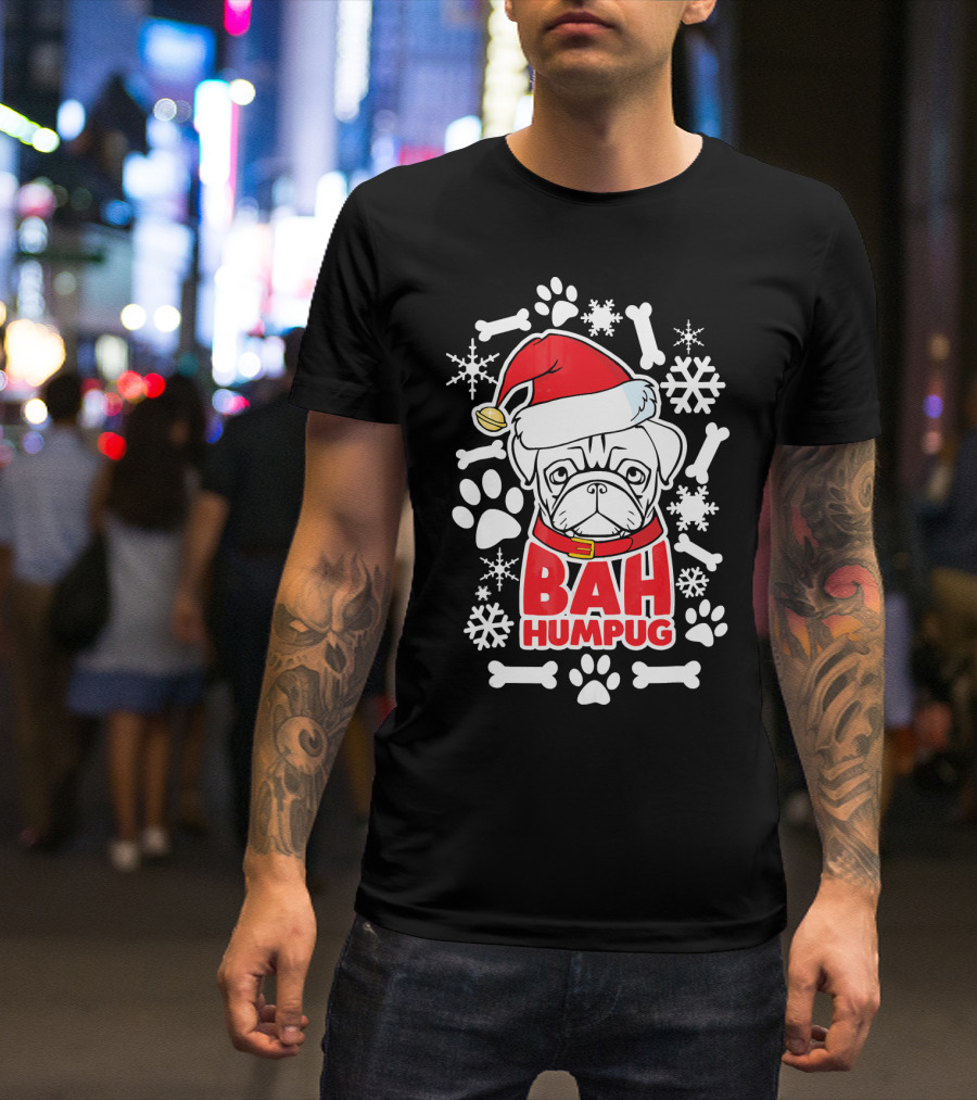 Bah Humpug Santa Hat Pug Snowflakes And Bones T-Shirt