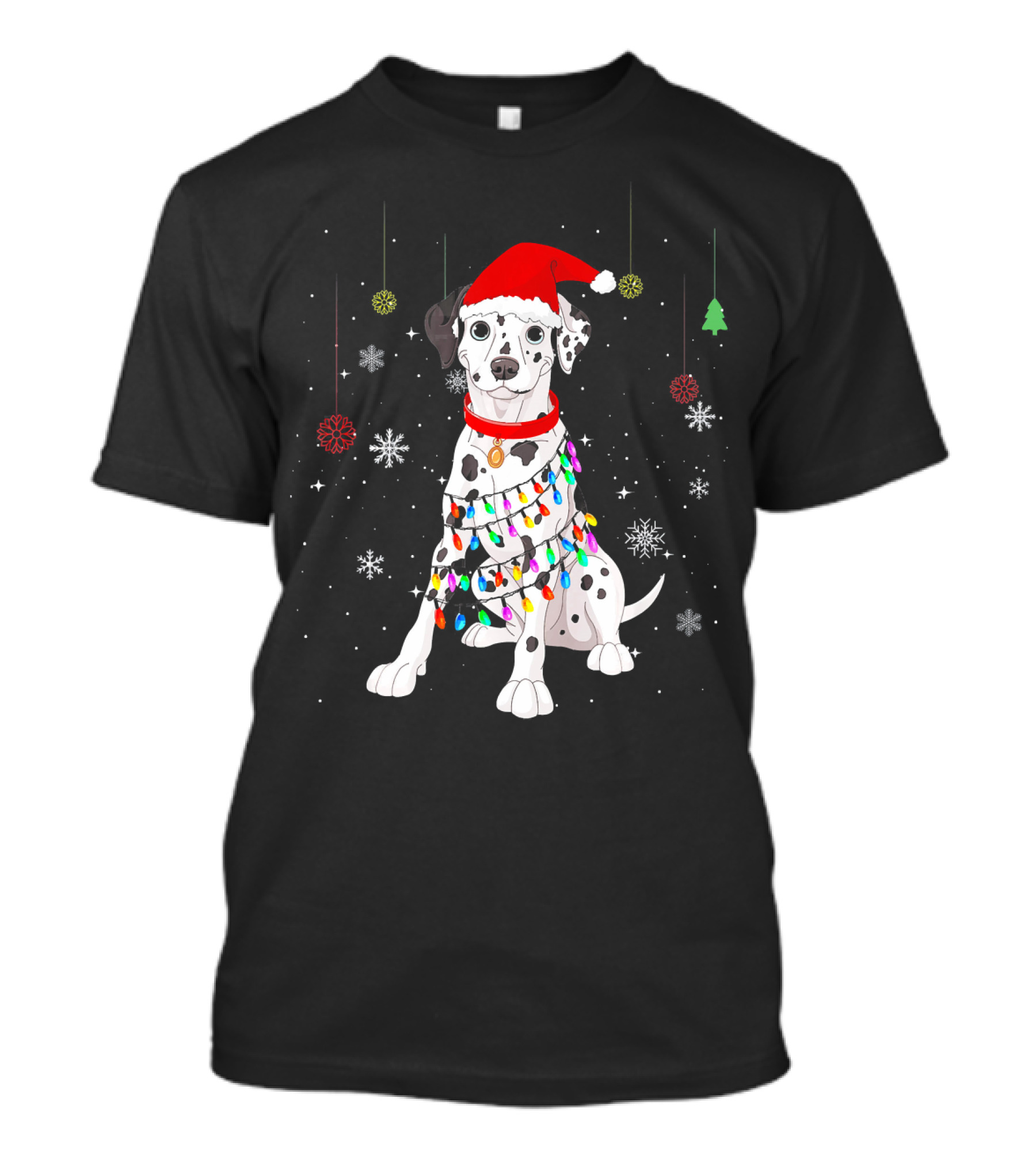 Cute Dalmatian Santa Hat Christmas Dog With Festive Holiday Lights And Snowflakes T-Shirt