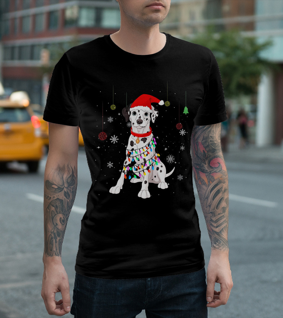 Cute Dalmatian Santa Hat Christmas Dog With Festive Holiday Lights And Snowflakes T-Shirt
