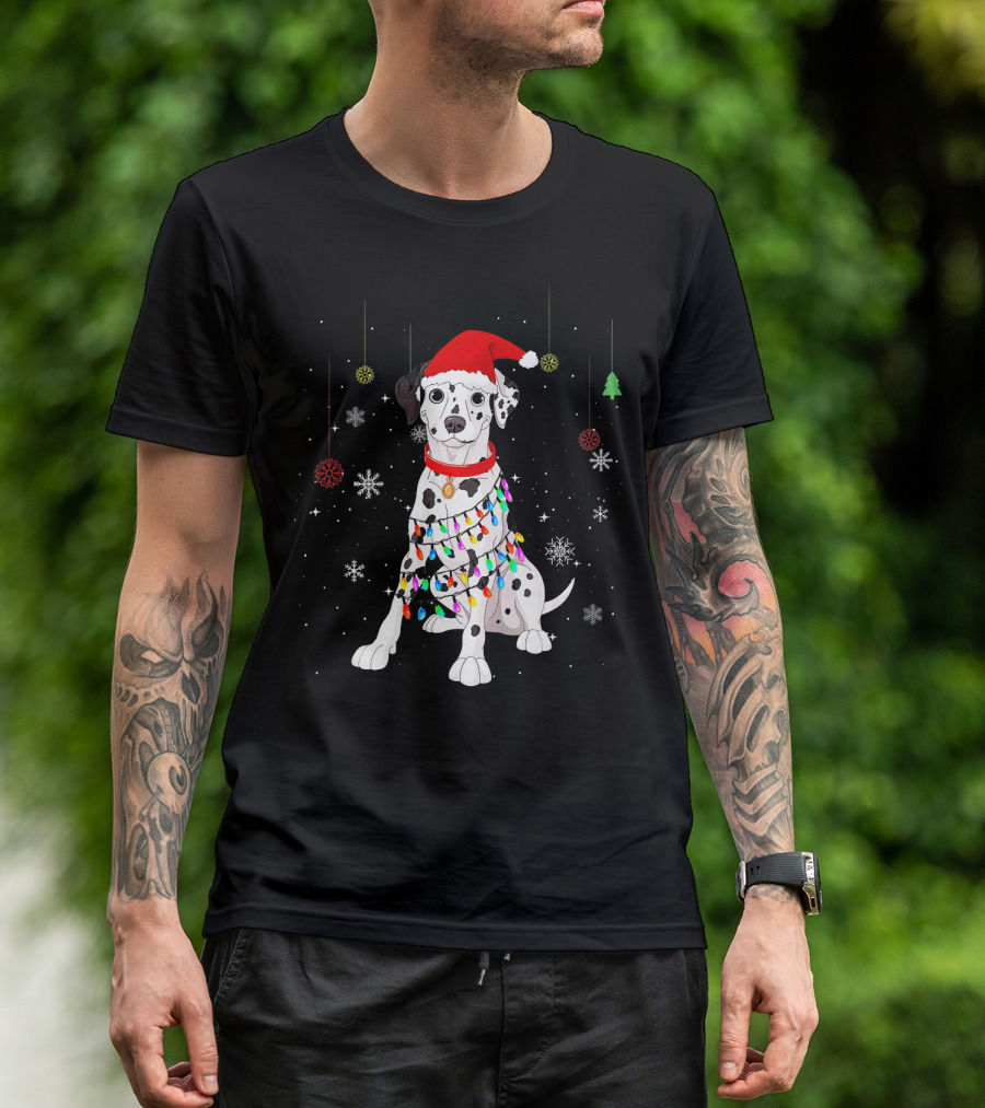 Cute Dalmatian Santa Hat Christmas Dog With Festive Holiday Lights And Snowflakes T-Shirt