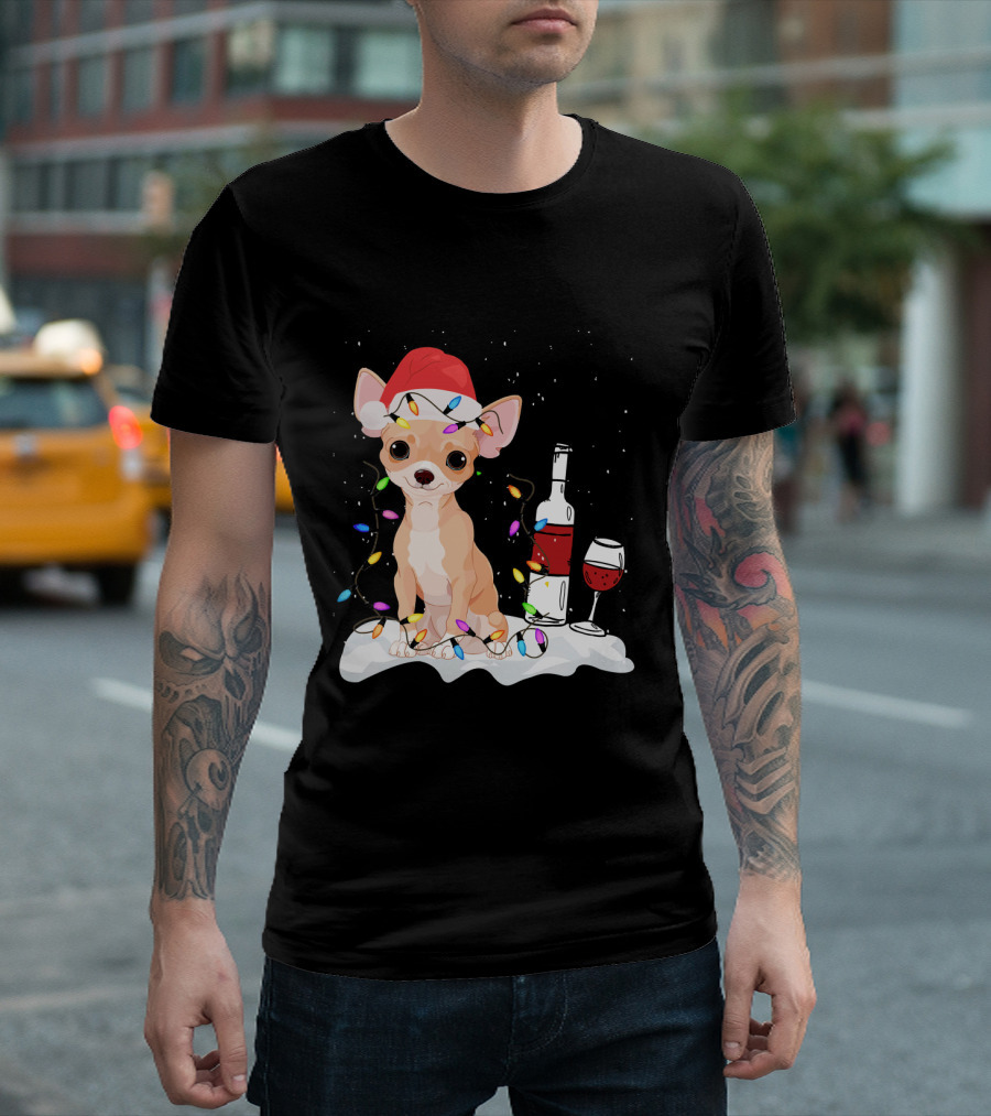Chihuahua Dog with Christmas Lights and Wine Holiday Scene T-Shirt