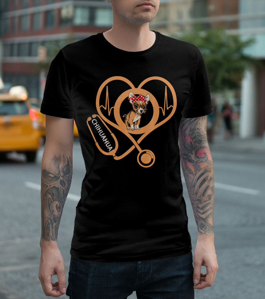 Chihuahua Heartbeat Nurse Stethoscope with Polka Dot Bandana T-Shirt