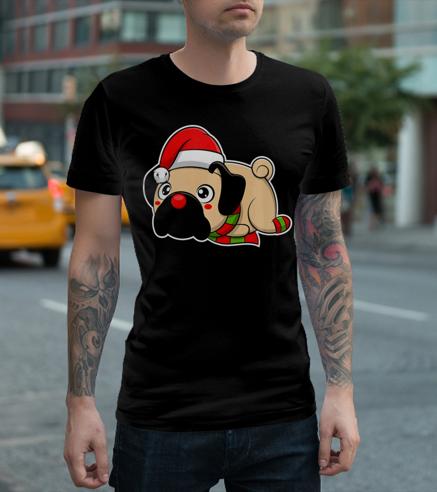 Christmas Pug Puppy With Santa Hat And Scarf T-Shirt