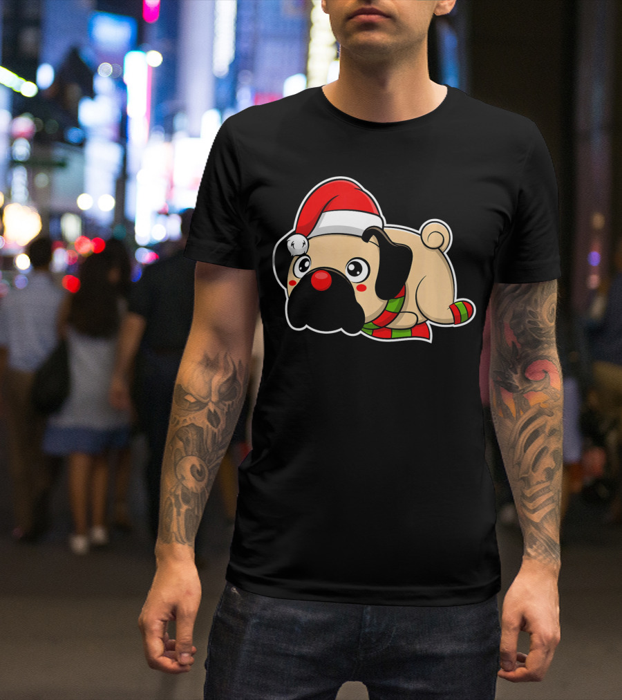 Christmas Pug Puppy With Santa Hat And Scarf T-Shirt