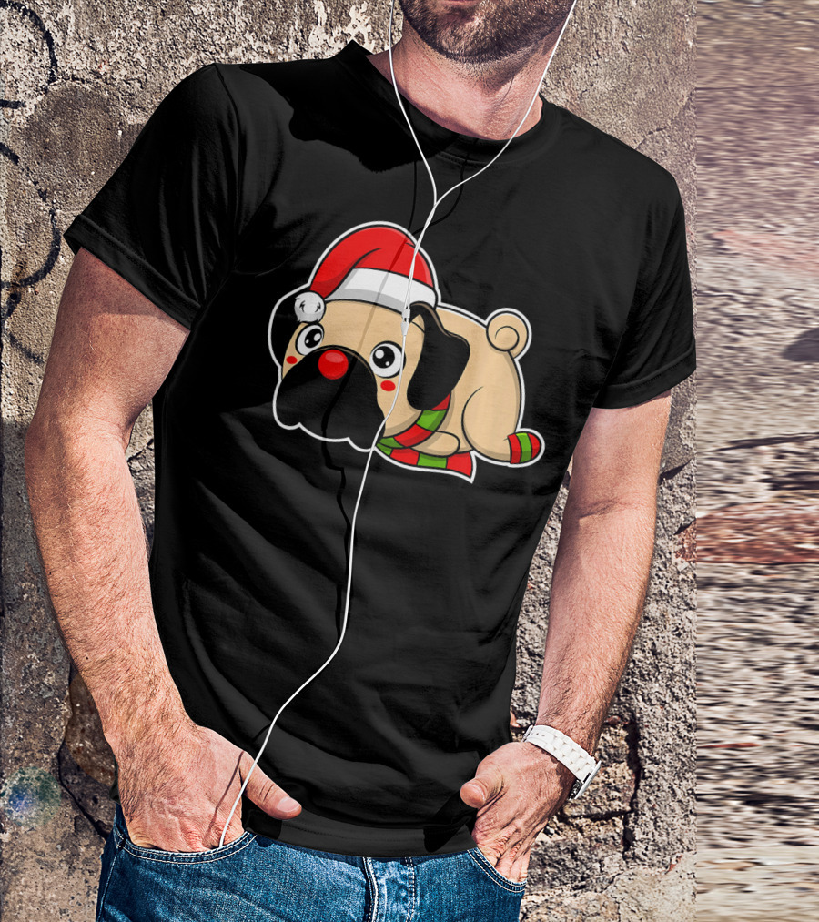 Christmas Pug Puppy With Santa Hat And Scarf T-Shirt