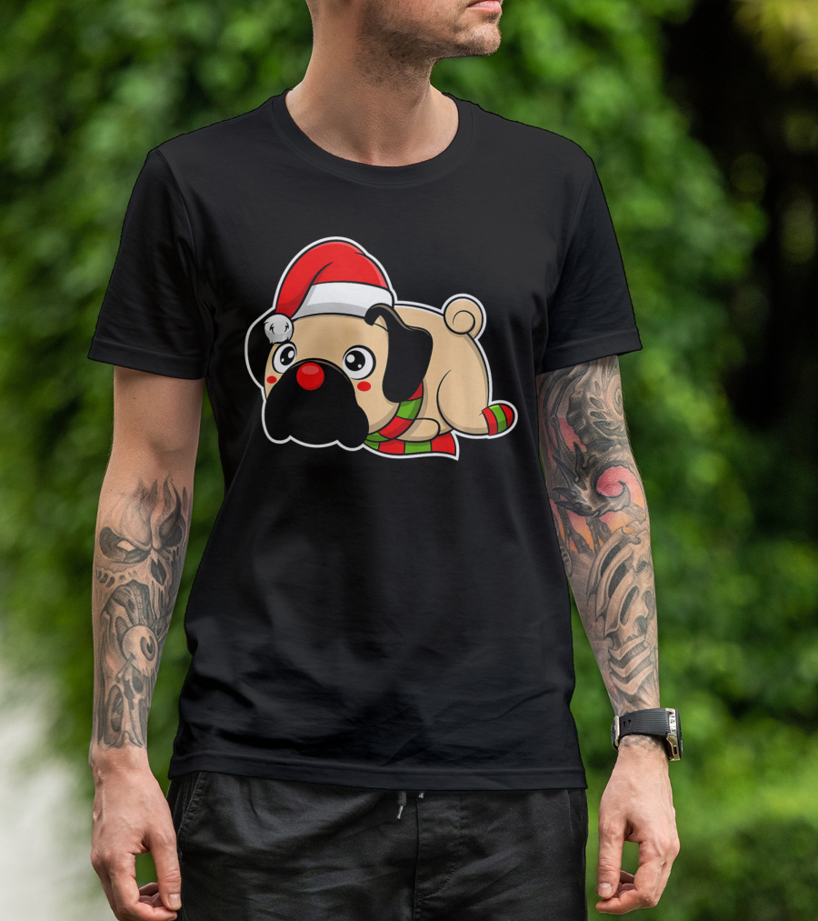 Christmas Pug Puppy With Santa Hat And Scarf T-Shirt
