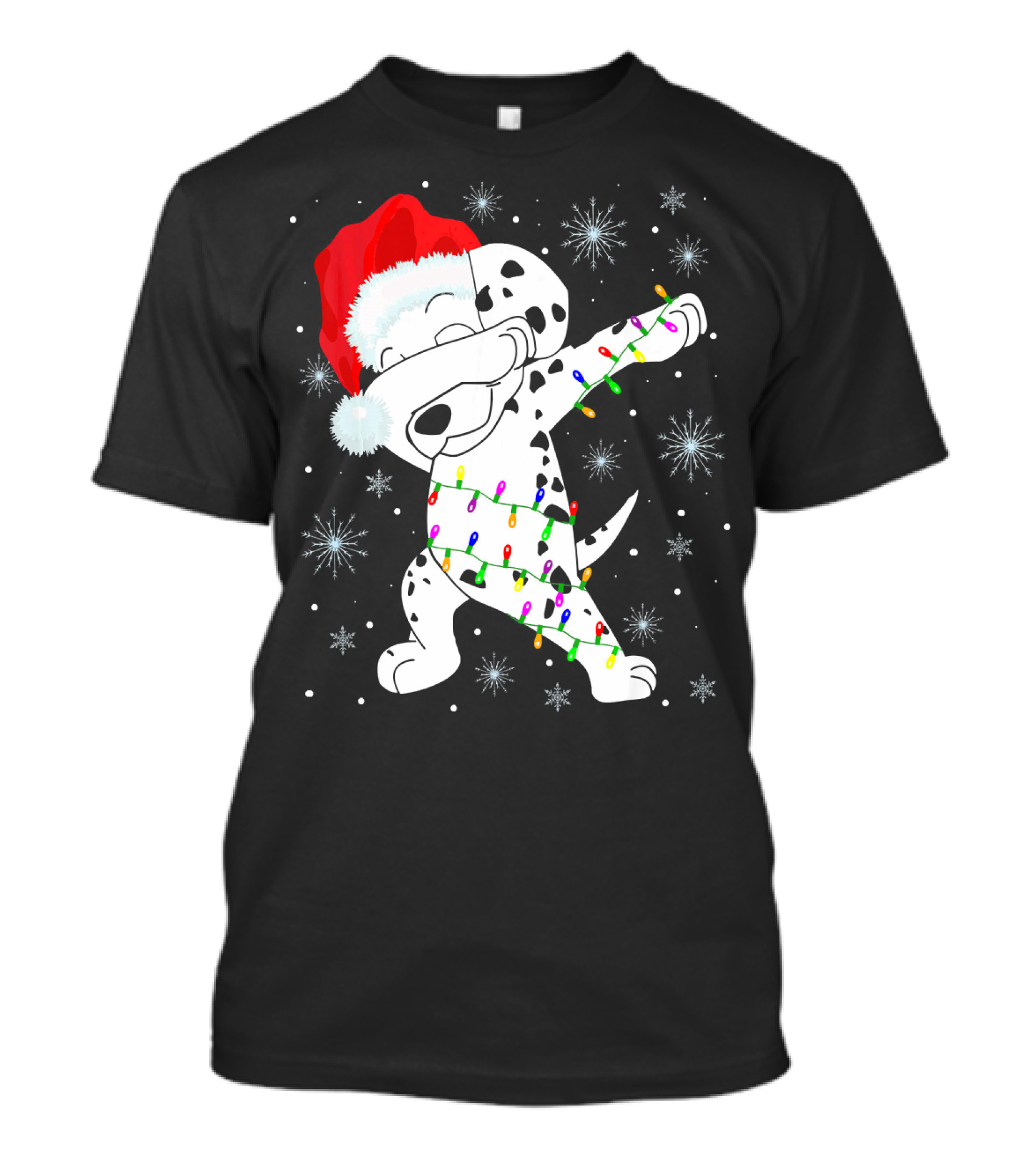 Dabbing Dalmatian Santa Hat With Christmas Lights And Snowflakes T-Shirt