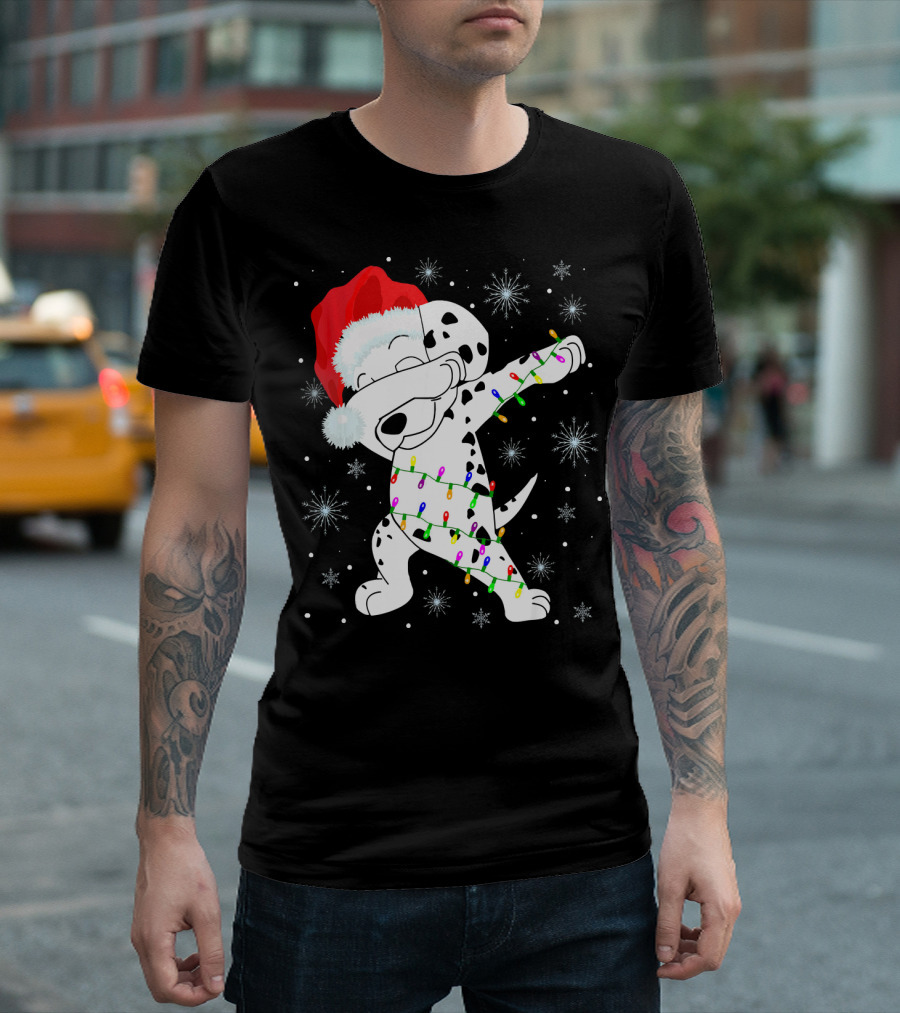 Dabbing Dalmatian Santa Hat With Christmas Lights And Snowflakes T-Shirt