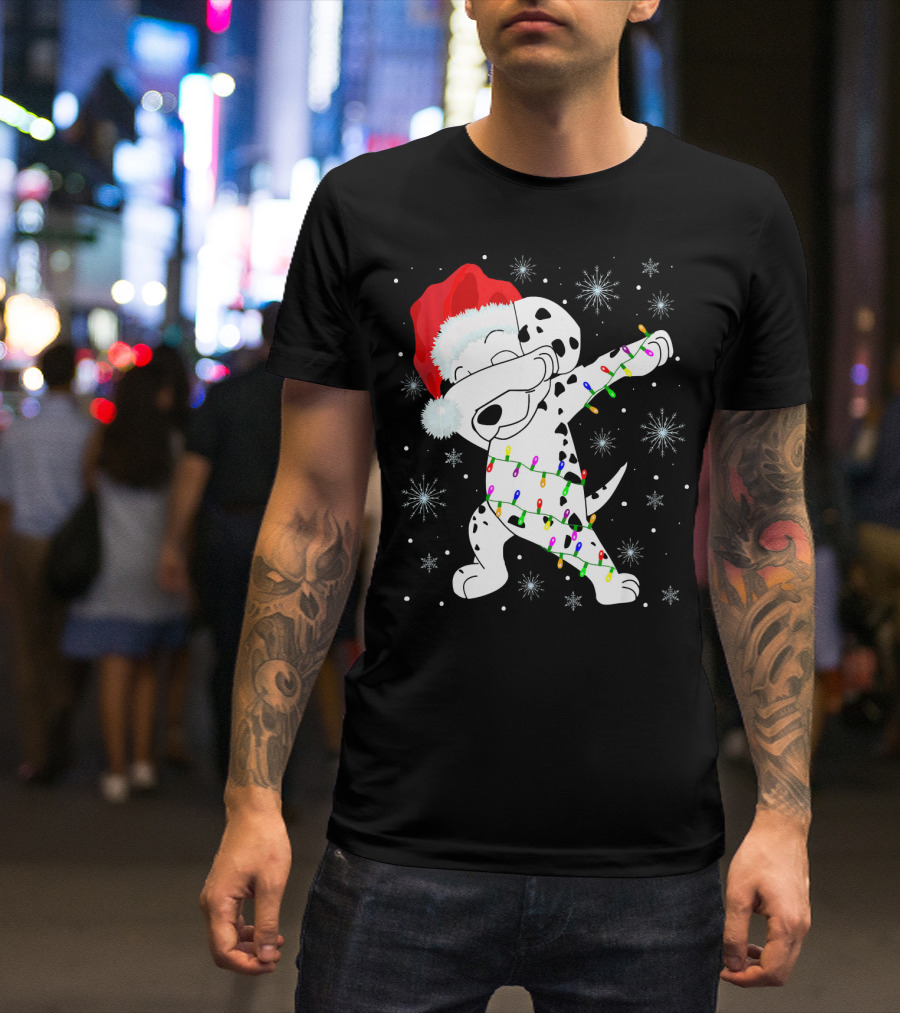Dabbing Dalmatian Santa Hat With Christmas Lights And Snowflakes T-Shirt