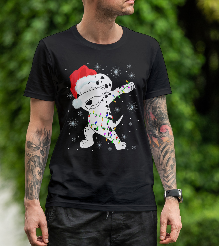 Dabbing Dalmatian Santa Hat With Christmas Lights And Snowflakes T-Shirt