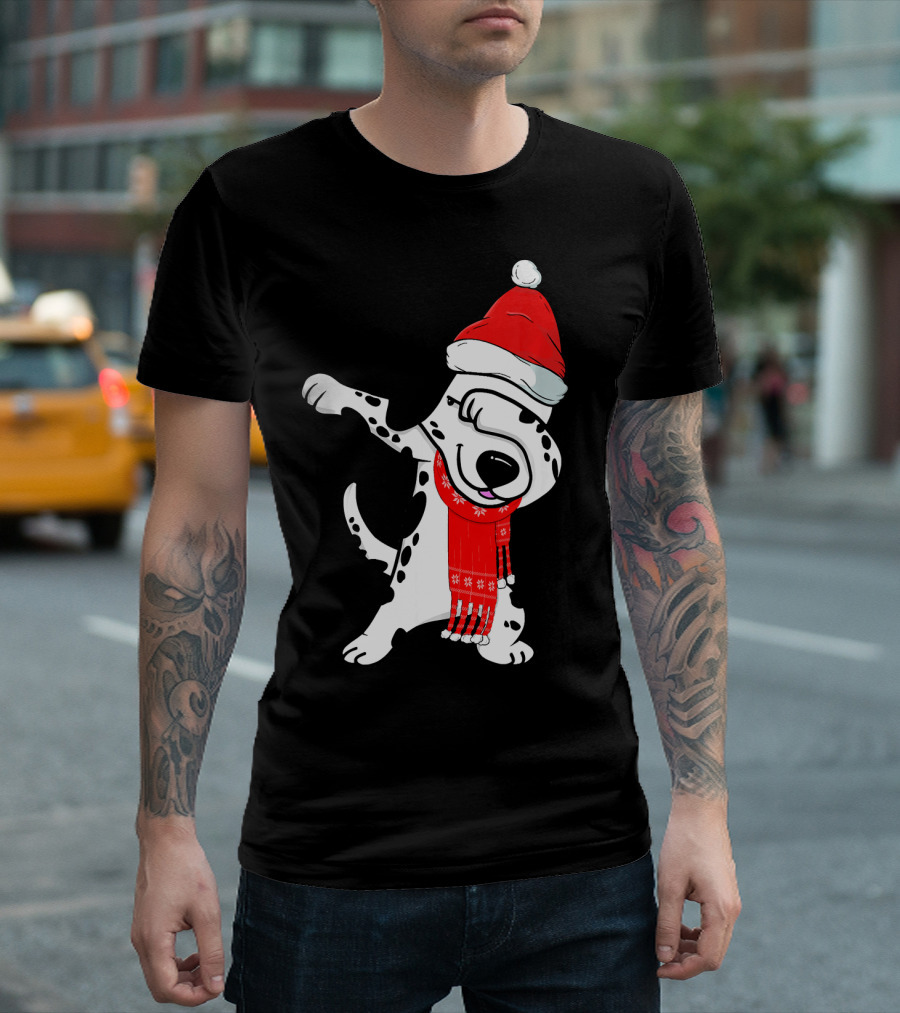 Dabbing Dalmatian Funny Christmas Costume Santa Hat Scarf T-Shirt