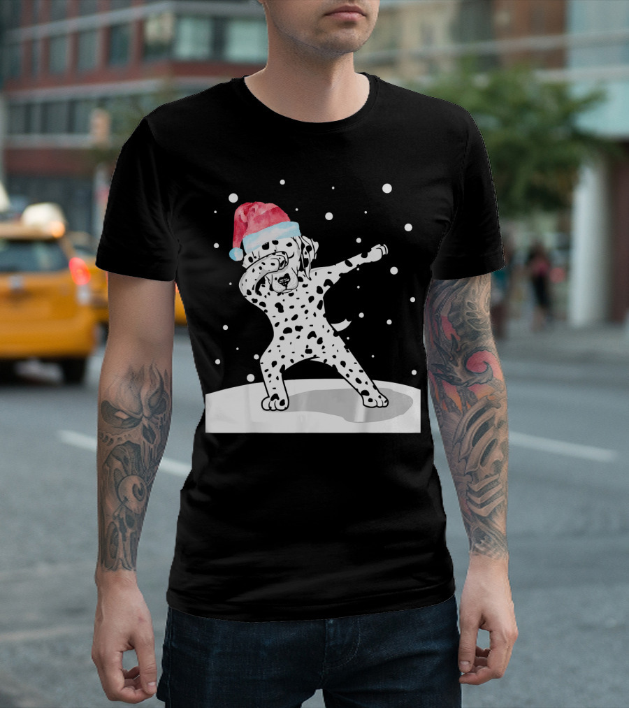 Santa Hat Dabbing Dalmatian Funny Dab Dance Snowfall T-Shirt