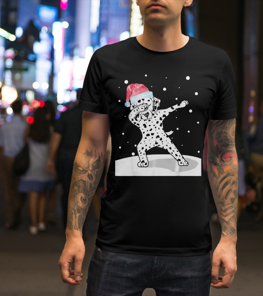 Santa Hat Dabbing Dalmatian Funny Dab Dance Snowfall T-Shirt