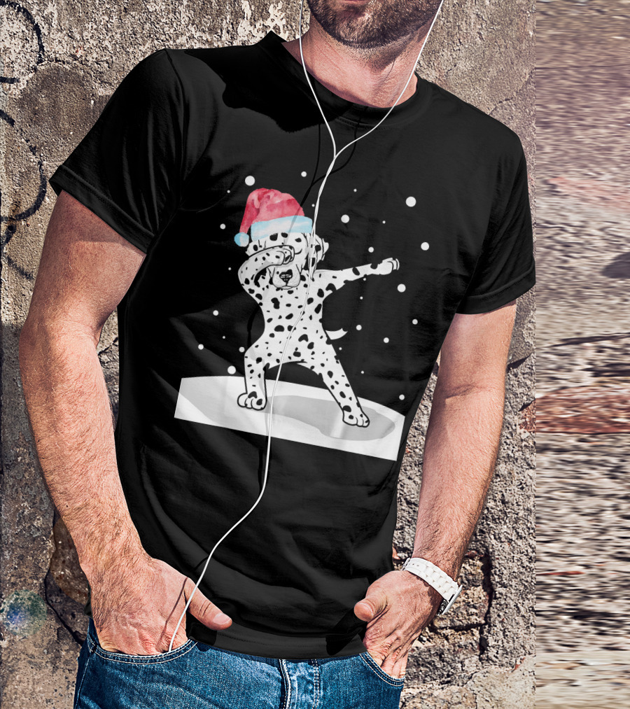 Santa Hat Dabbing Dalmatian Funny Dab Dance Snowfall T-Shirt