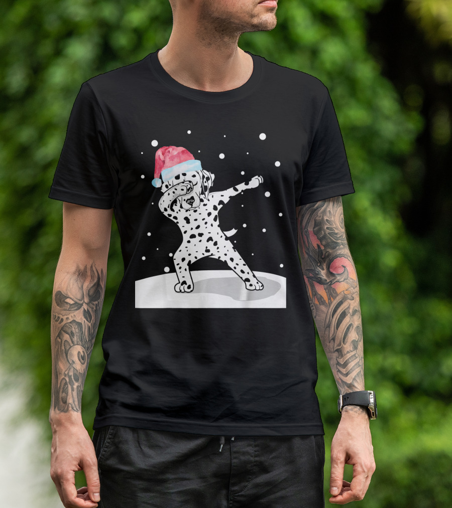Santa Hat Dabbing Dalmatian Funny Dab Dance Snowfall T-Shirt