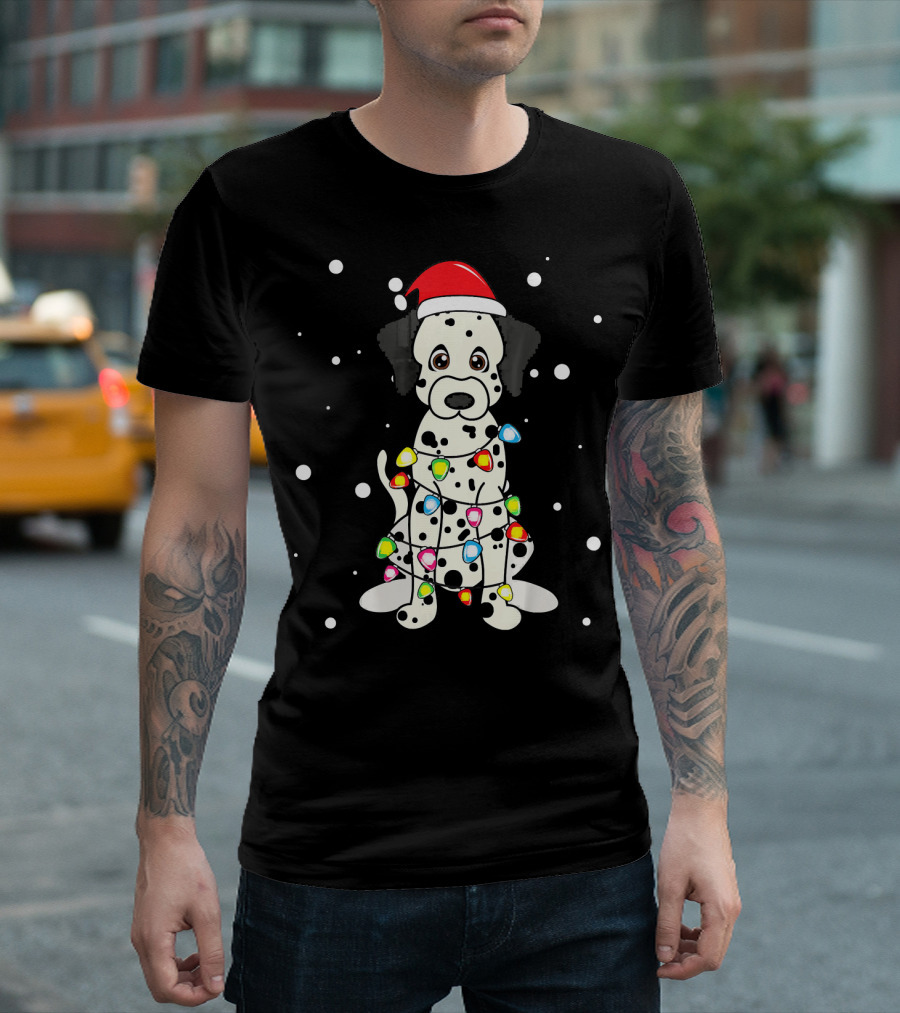 Dalmatian Christmas Dog with Santa Hat and Festive Lights T-Shirt