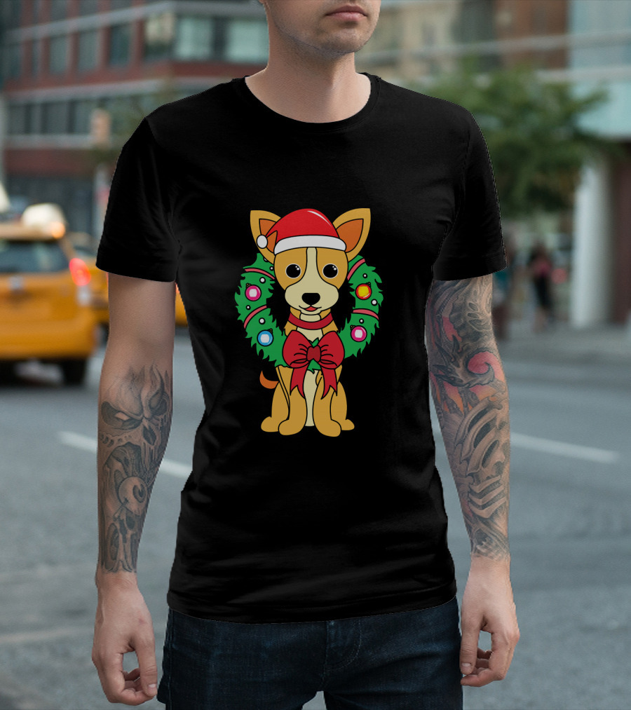Chihuahua Santa Hat With Festive Christmas Wreath Bow T-Shirt